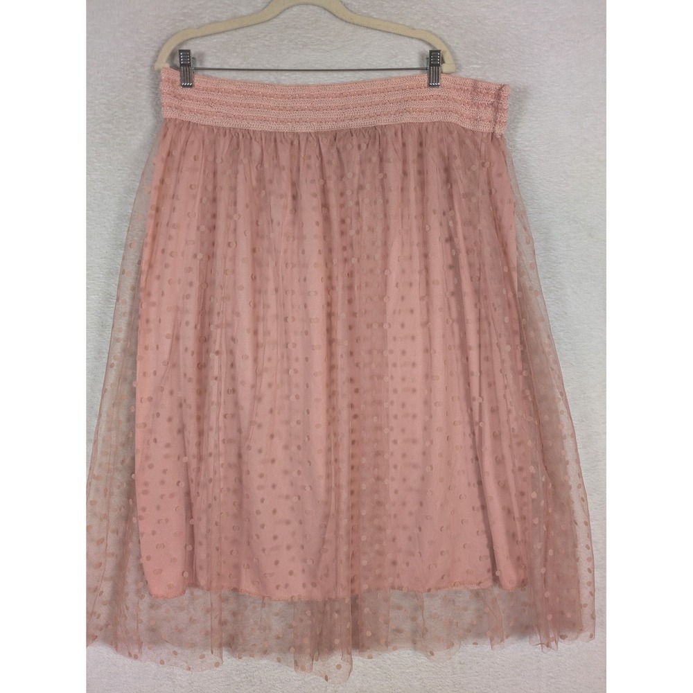 Metro Wear Skirt Women's 2X Pink Polka Dot Mesh Overlay Elastic Midi A-Line